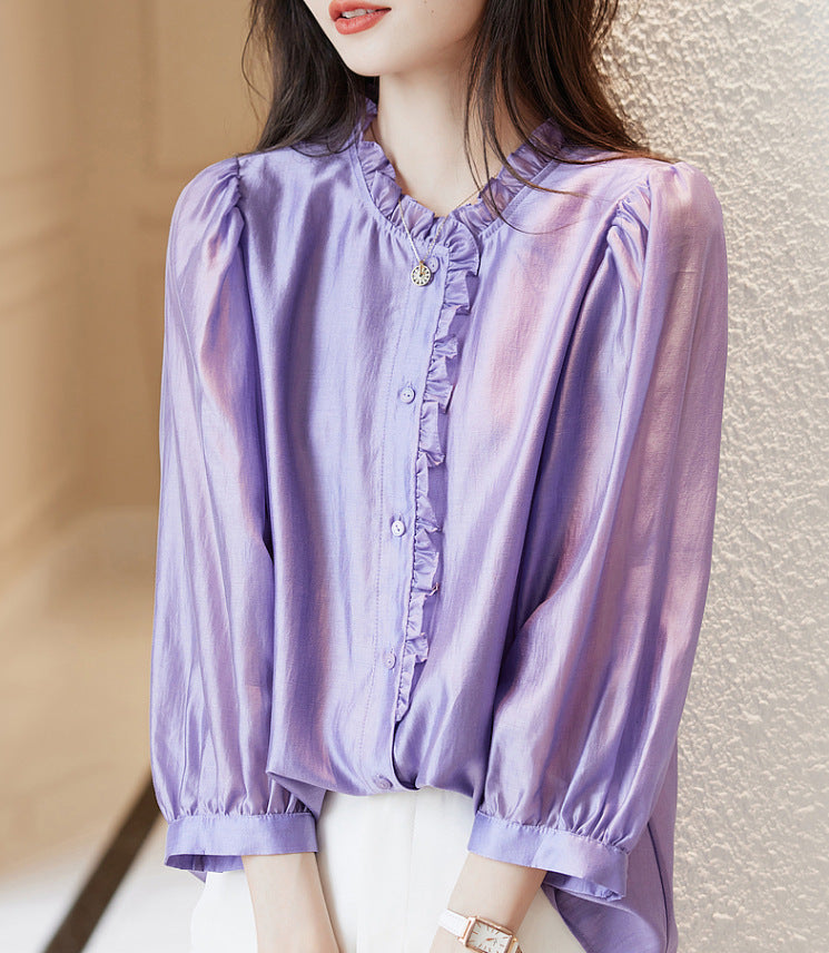 Nine-quarter Sleeve Shirt Women’s Puff Sleeve Thin Solid Color Top - Rose Purple / S