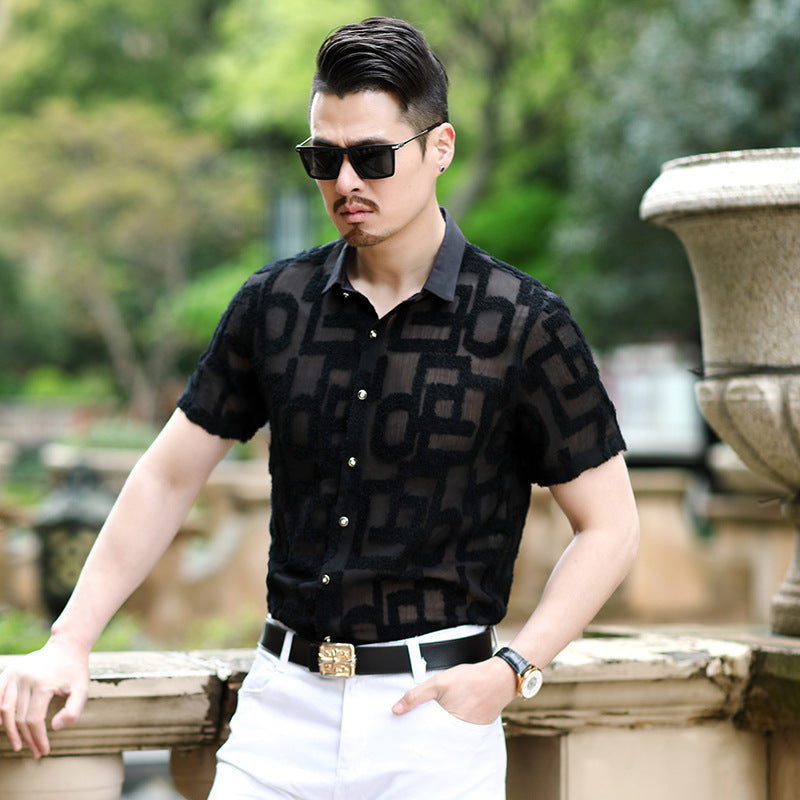 Summer New Style Men’s Shirts Slim Hollow Embroidered Non-iron Casual Shirts - 203Korean black / S