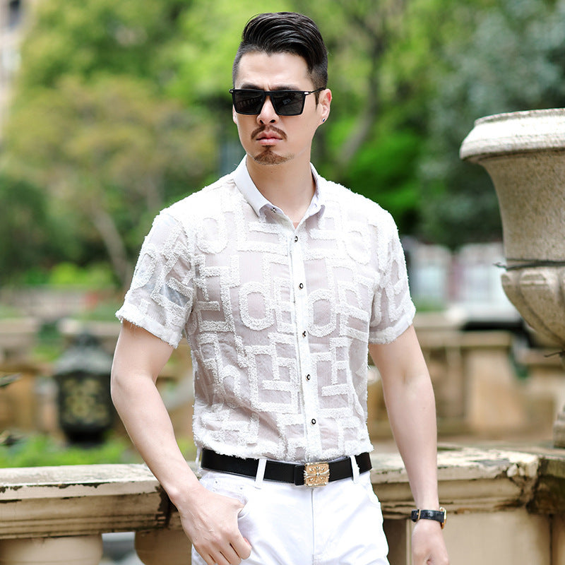 Summer New Style Men’s Shirts Slim Hollow Embroidered Non-iron Casual Shirts - 203white / S