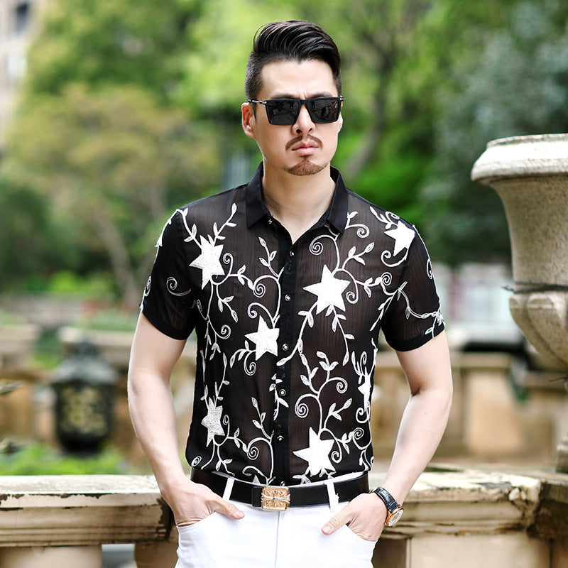 Summer New Style Men’s Shirts Slim Hollow Embroidered Non-iron Casual Shirts - 205white flowers on black / S
