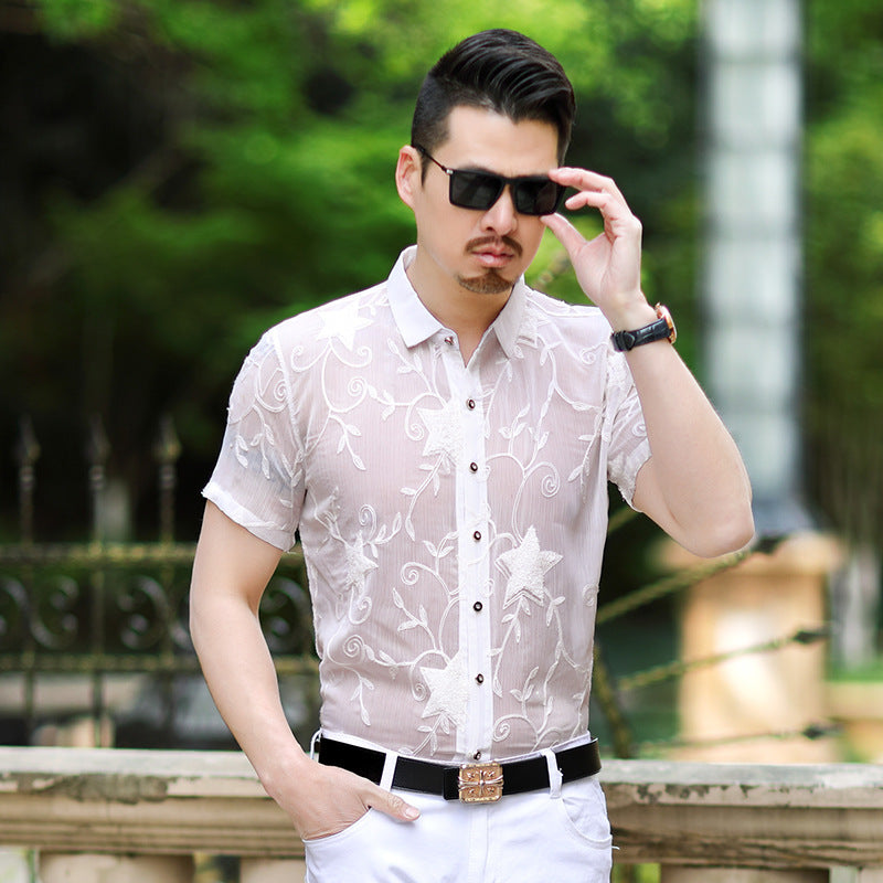Summer New Style Men’s Shirts Slim Hollow Embroidered Non-iron Casual Shirts - 205white / S