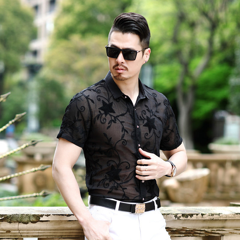 Summer New Style Men’s Shirts Slim Hollow Embroidered Non-iron Casual Shirts