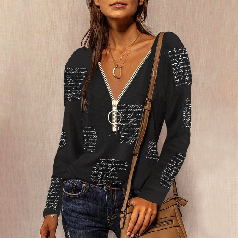 Zipper V-neck English Print Long Sleeve Casual Top - Black / S