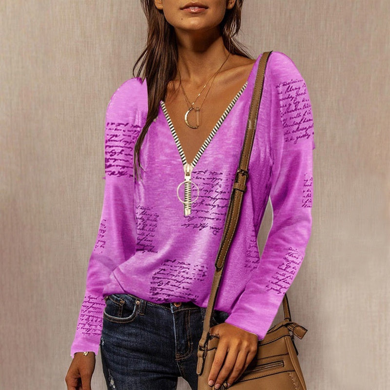 Zipper V-neck English Print Long Sleeve Casual Top - Purple / S