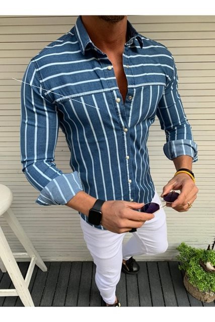Fashionable Men’s Slim Long Sleeve Shirt - Blue / M