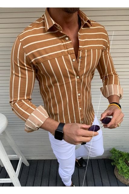 Fashionable Men’s Slim Long Sleeve Shirt - Khaki / M