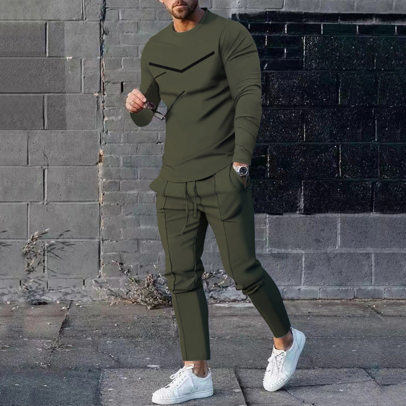 Round Neck Long Sleeve T-shirt Trousers Suit Men - Army Green / S