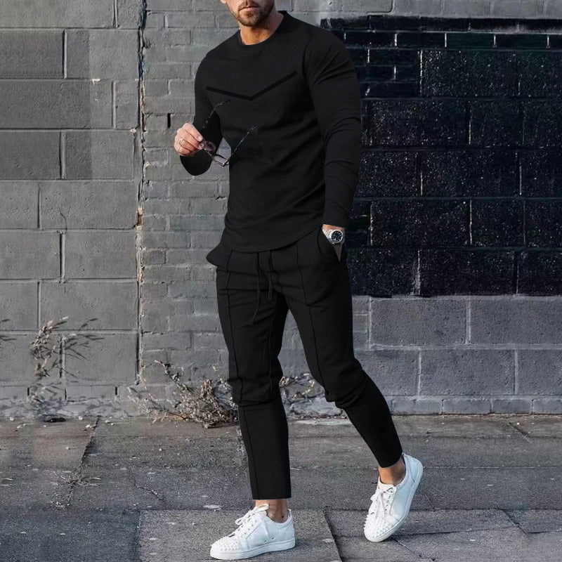 Round Neck Long Sleeve T-shirt Trousers Suit Men - Black / S
