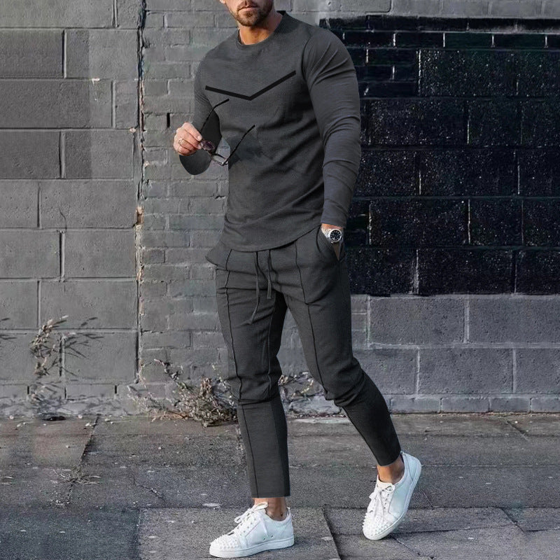 Round Neck Long Sleeve T-shirt Trousers Suit Men - Dark Gray / S