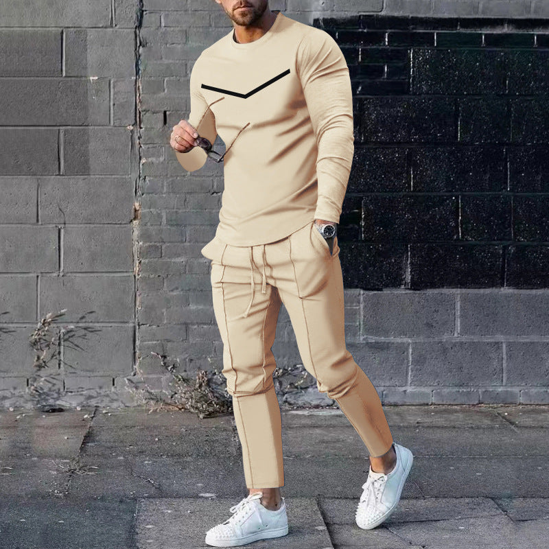 Round Neck Long Sleeve T-shirt Trousers Suit Men - Khaki / S