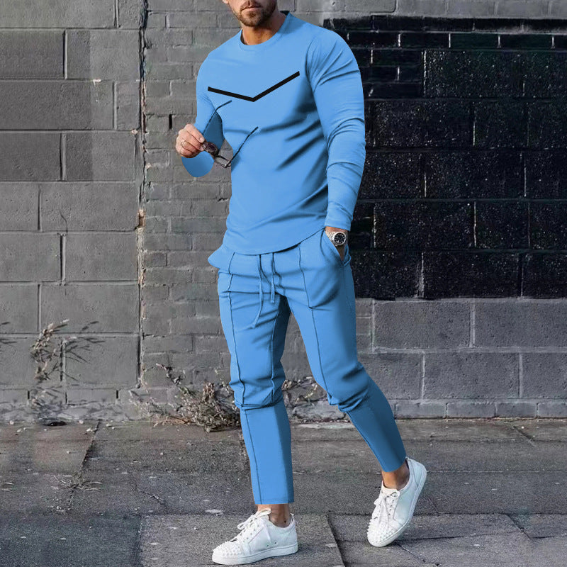 Round Neck Long Sleeve T-shirt Trousers Suit Men - Light Blue / S