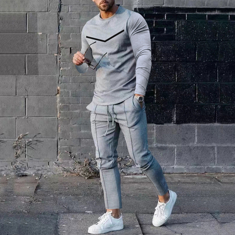 Round Neck Long Sleeve T-shirt Trousers Suit Men - Light Gray / S