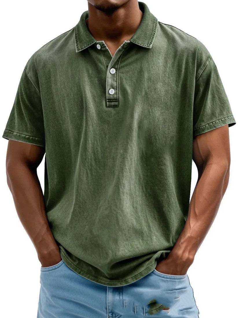 Men’s Fashion Retro Washed Distressed Cotton Lapel Short Sleeve
