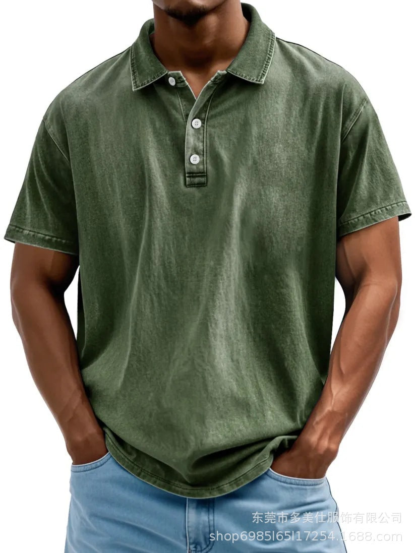 Men’s Fashion Retro Washed Distressed Cotton Lapel Short Sleeve - Army Green / S
