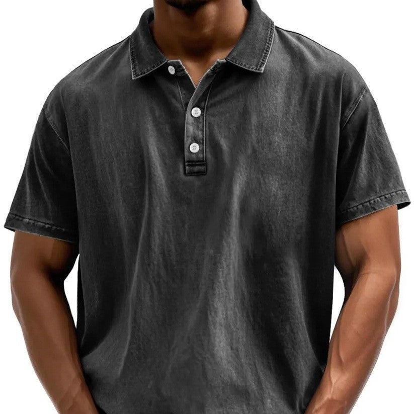 Men’s Fashion Retro Washed Distressed Cotton Lapel Short Sleeve - Black / S