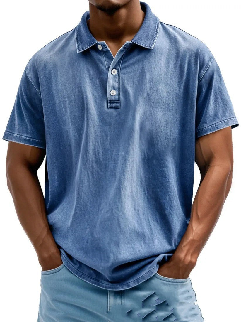 Men’s Fashion Retro Washed Distressed Cotton Lapel Short Sleeve - Blue / S