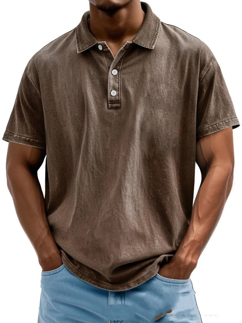 Men’s Fashion Retro Washed Distressed Cotton Lapel Short Sleeve - Brown / S