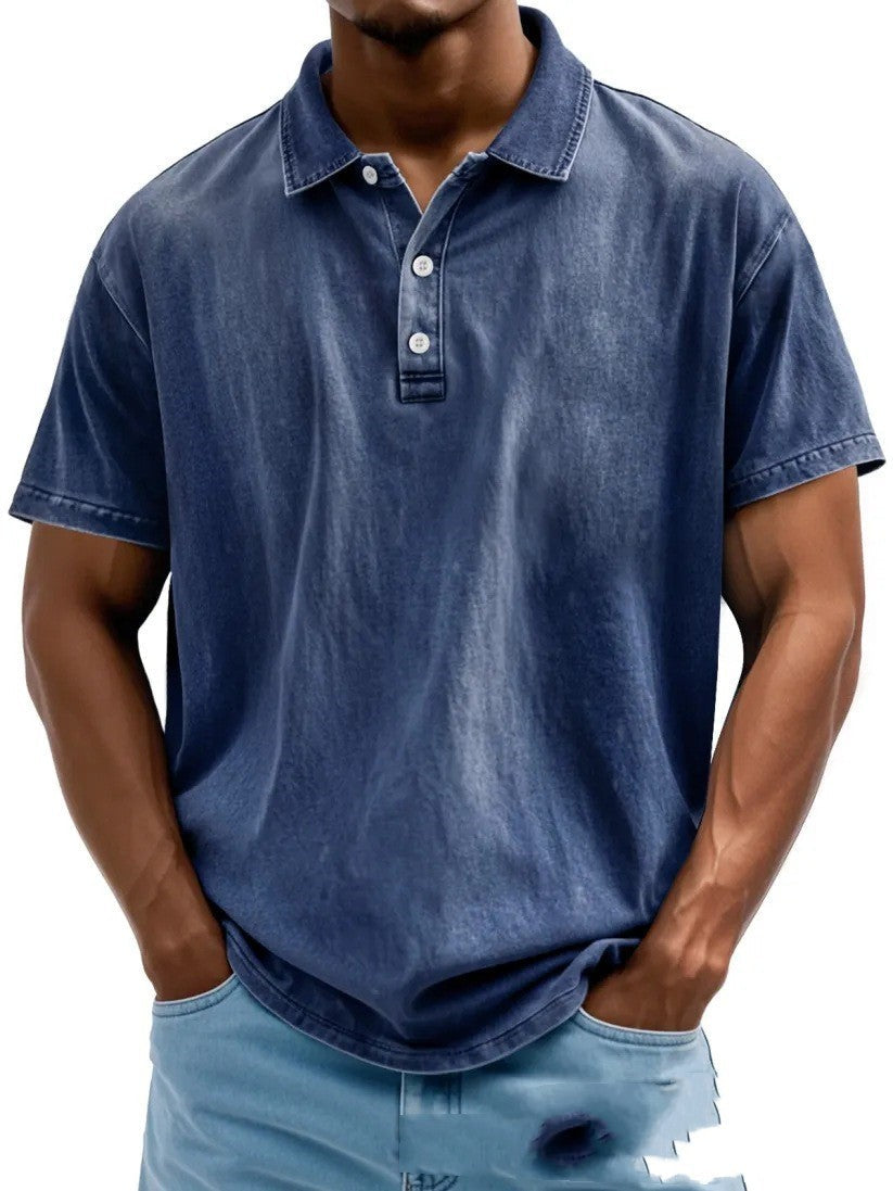 Men’s Fashion Retro Washed Distressed Cotton Lapel Short Sleeve - Dark Blue / S