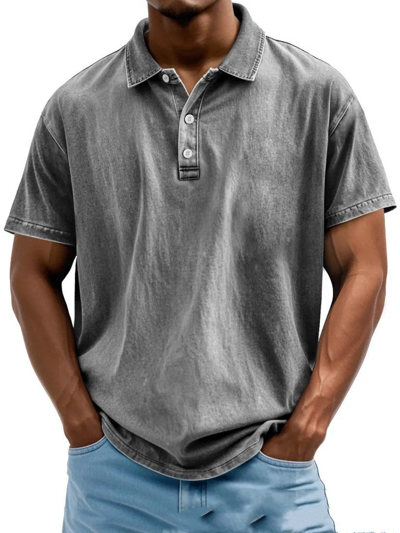 Men’s Fashion Retro Washed Distressed Cotton Lapel Short Sleeve - Gray / S