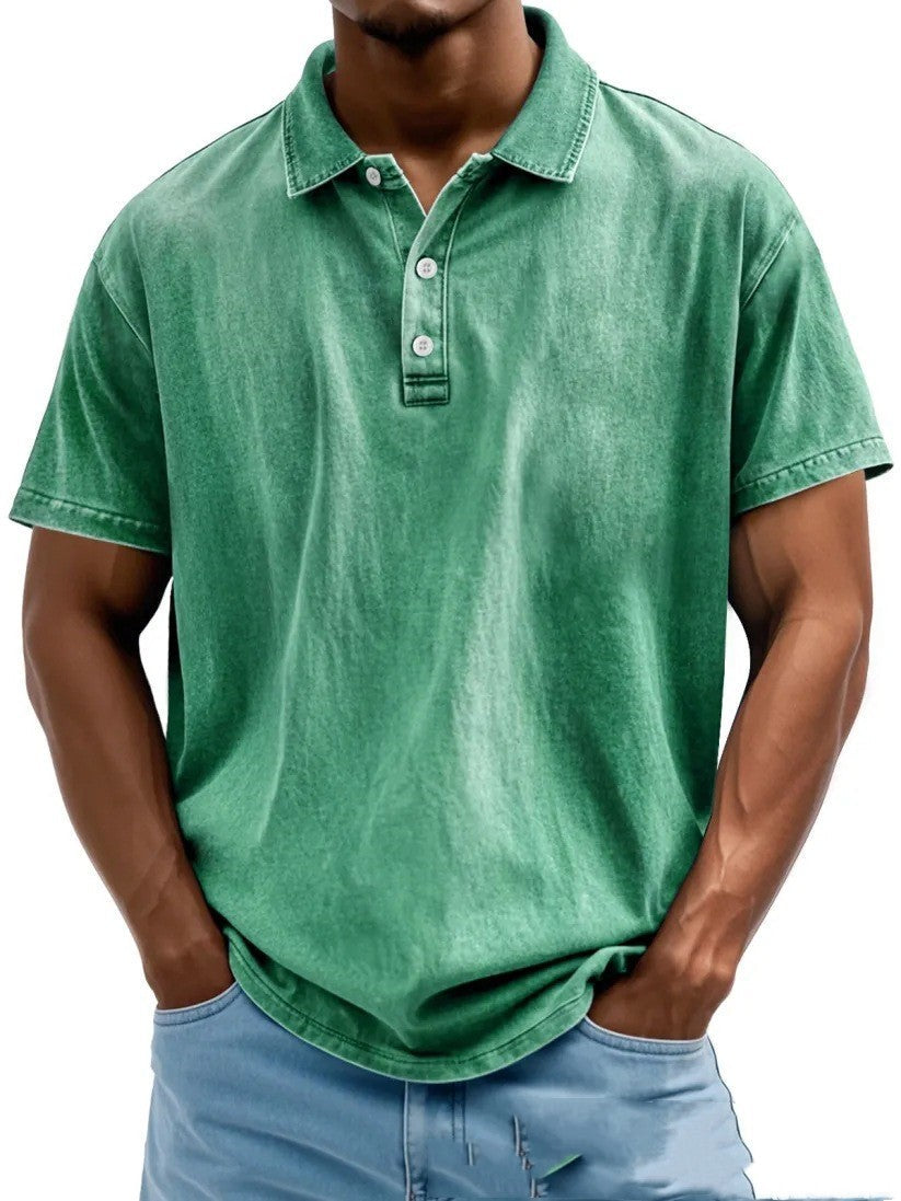 Men’s Fashion Retro Washed Distressed Cotton Lapel Short Sleeve - Green / S