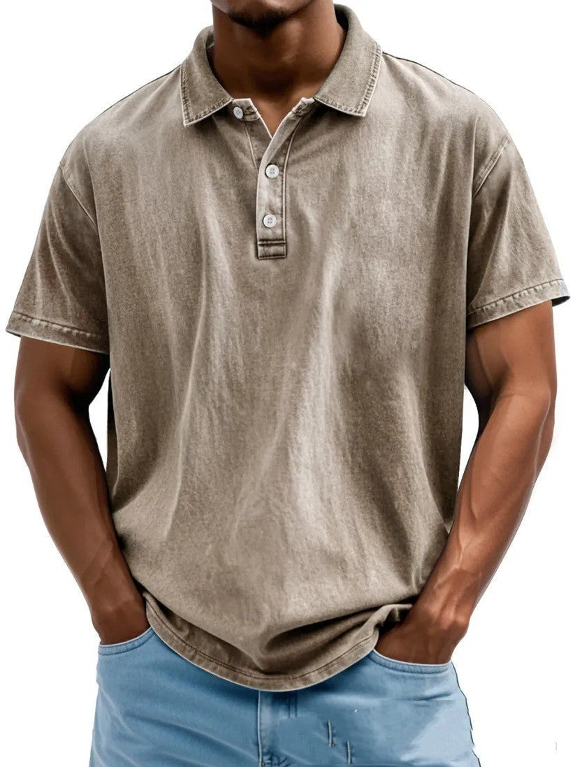 Men’s Fashion Retro Washed Distressed Cotton Lapel Short Sleeve - Khaki / S