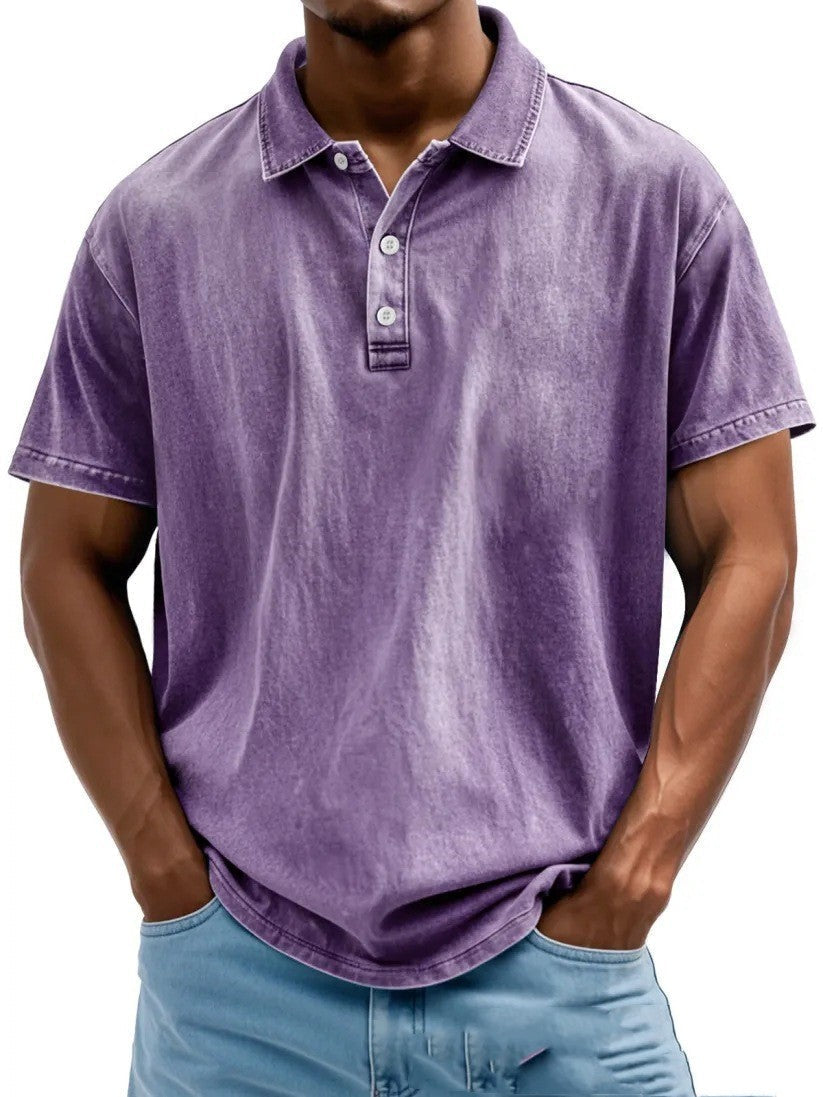 Men’s Fashion Retro Washed Distressed Cotton Lapel Short Sleeve - Purple / S