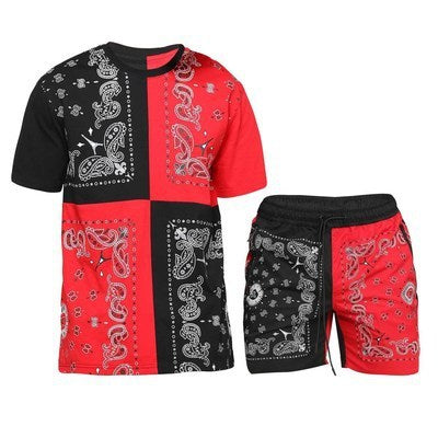 Casual Sports Color Matching Short-sleeved Five-point Pants Two-piece Suit - Black fights red / M
