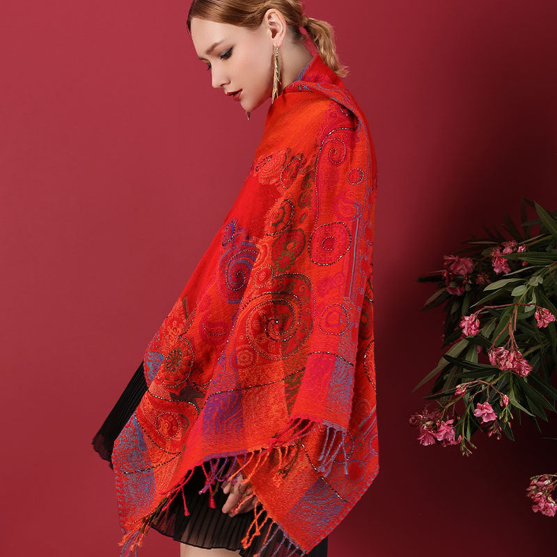 Ethnic Style Boiled Wool Warm Winter Scarf Shawl - Red / 70x180cm