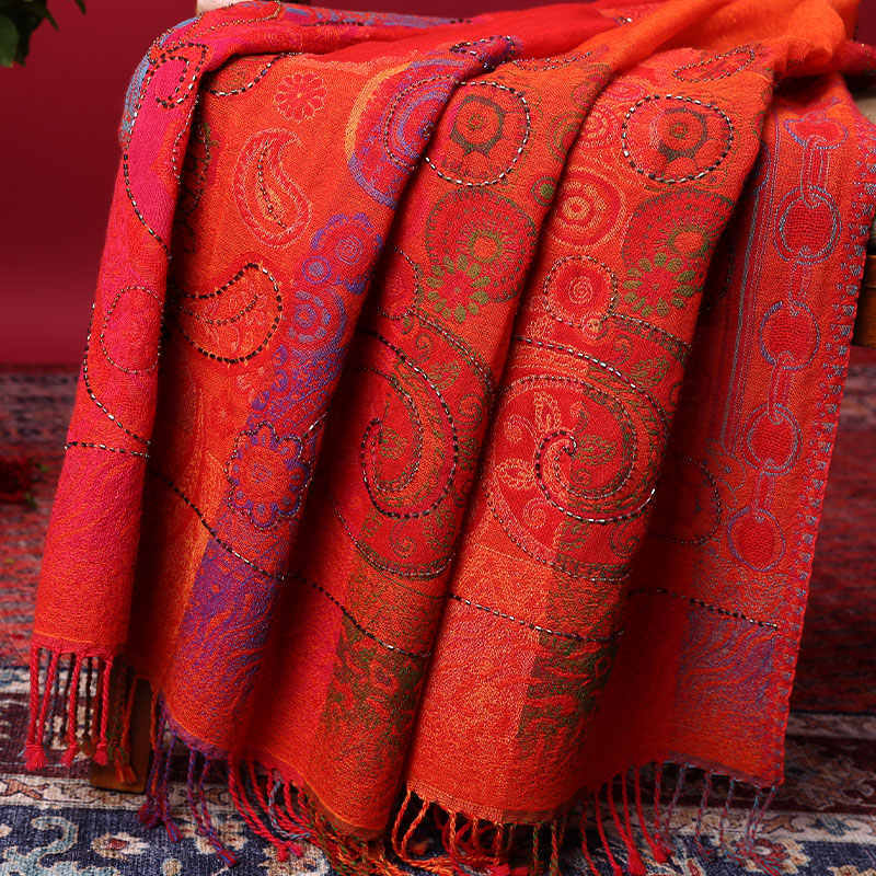 Ethnic Style Boiled Wool Warm Winter Scarf Shawl - Red / 70x180cm