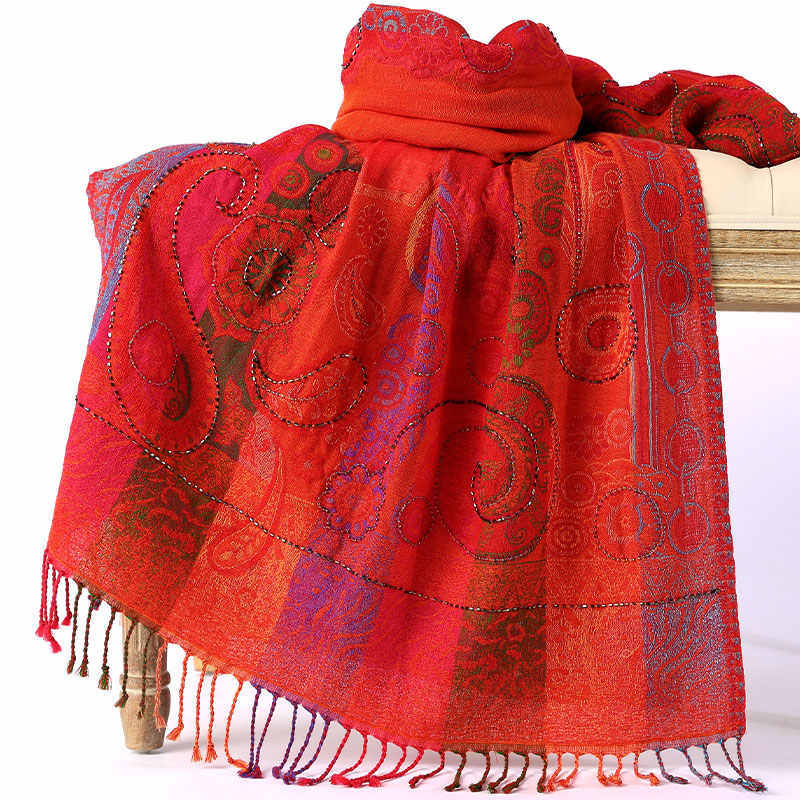 Ethnic Style Boiled Wool Warm Winter Scarf Shawl - Red / 70x180cm