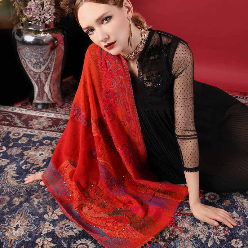 Ethnic Style Boiled Wool Warm Winter Scarf Shawl - Red / 70x180cm