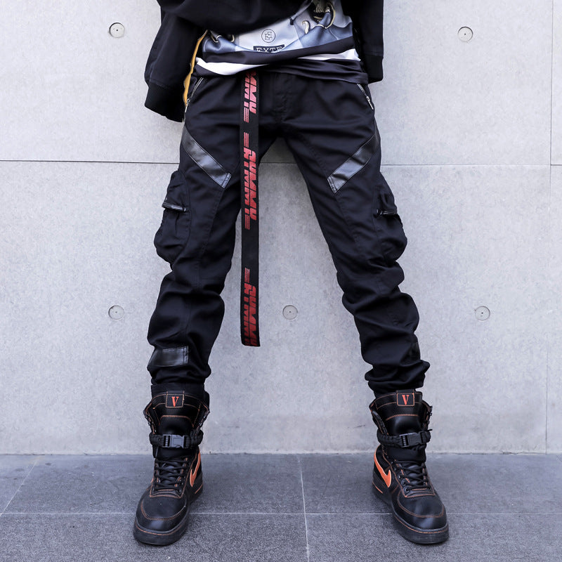 Dark Hip Hop Four Seasons Pocket Workwear Casual Pants Korean Loose Velcro Foot Men’s Pants - black / 32