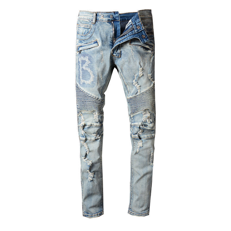 Ripped Biker Jeans - Grey / 37