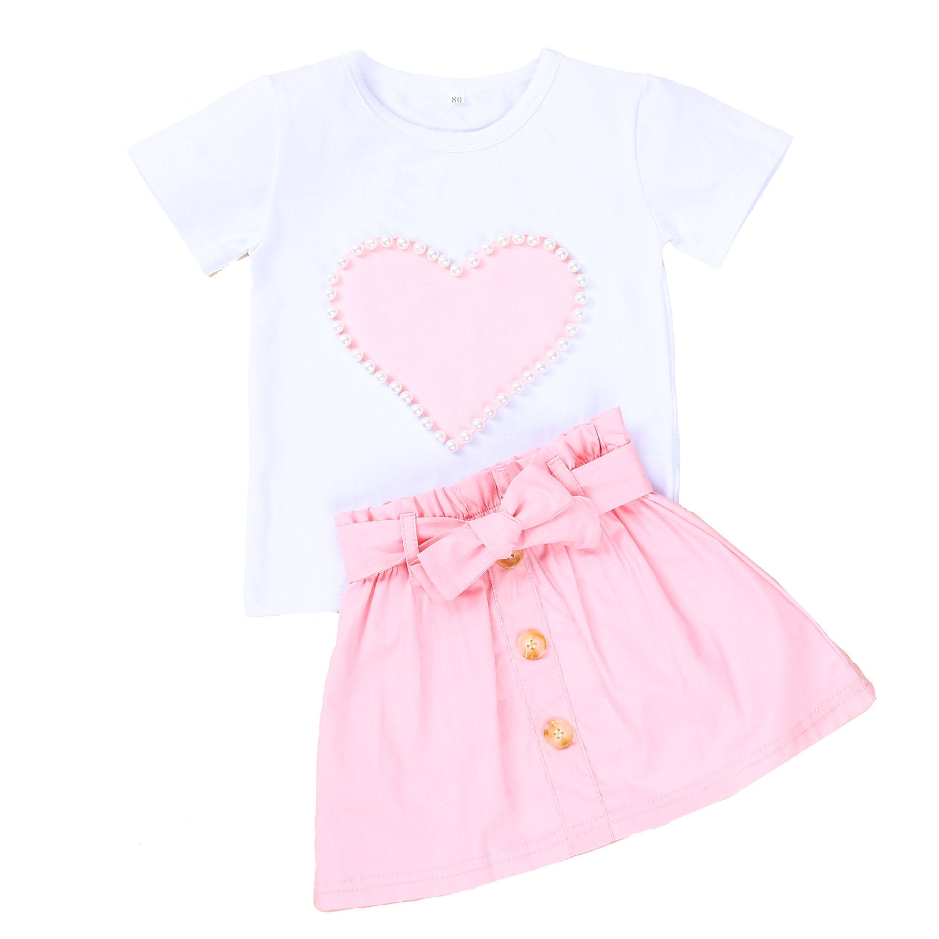 European And American Summer Children’s Clothing New Girl Pearl Love White Short Sleeve + bow Skirt Baby Skirt Set