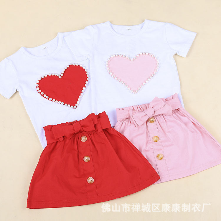 European And American Summer Children’s Clothing New Girl Pearl Love White Short Sleeve + bow Skirt Baby Skirt Set
