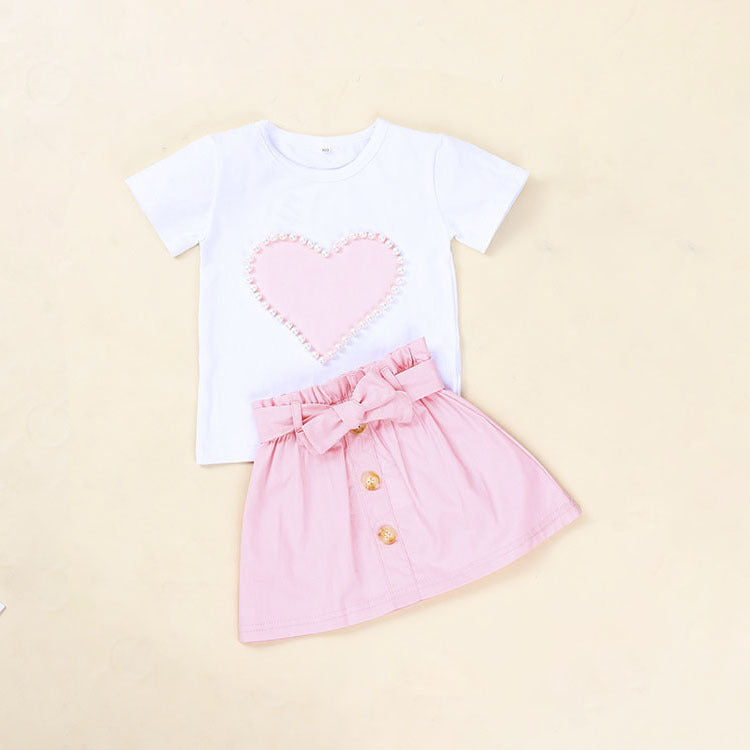 European And American Summer Children’s Clothing New Girl Pearl Love White Short Sleeve + bow Skirt Baby Skirt Set