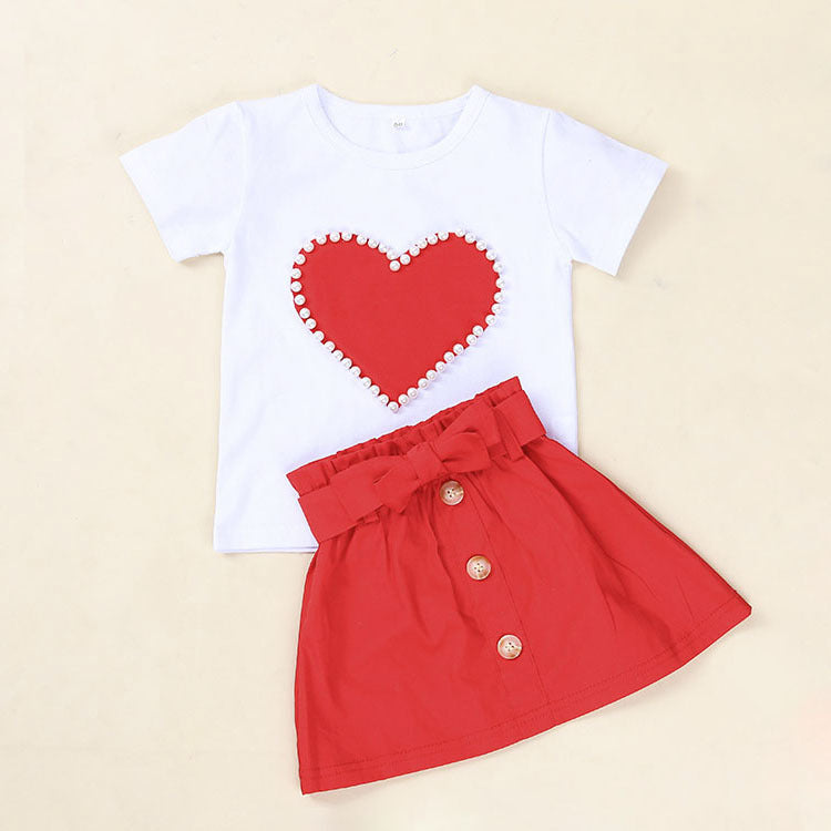 European And American Summer Children’s Clothing New Girl Pearl Love White Short Sleeve + bow Skirt Baby Skirt Set
