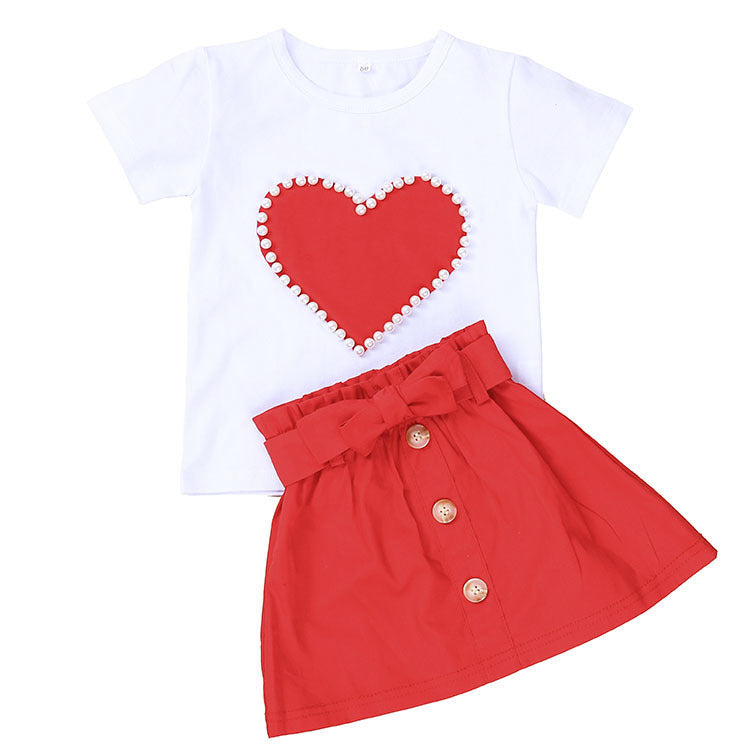 European And American Summer Children’s Clothing New Girl Pearl Love White Short Sleeve + bow Skirt Baby Skirt Set