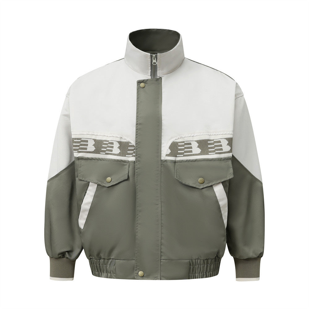 European And American Color Contrast Patchwork Workwear Stand-up Collar Jacket Fashion Brand Men’s Clothing Loose Casual