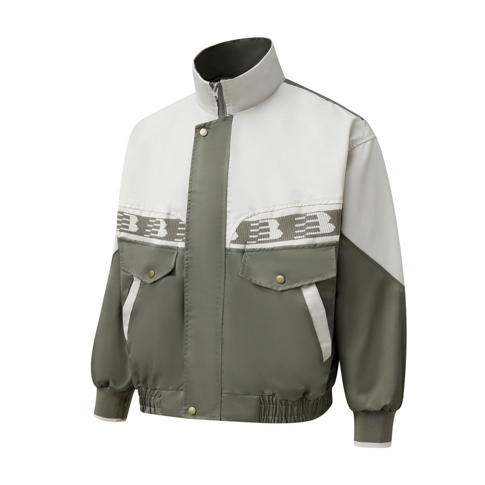 European And American Color Contrast Patchwork Workwear Stand-up Collar Jacket Fashion Brand Men’s Clothing Loose Casual