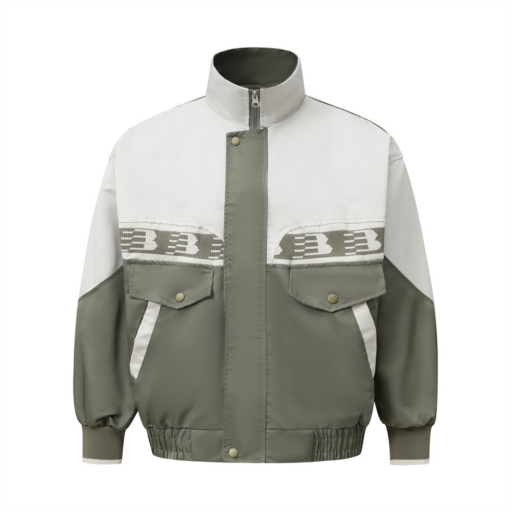 European And American Color Contrast Patchwork Workwear Stand-up Collar Jacket Fashion Brand Men’s Clothing Loose