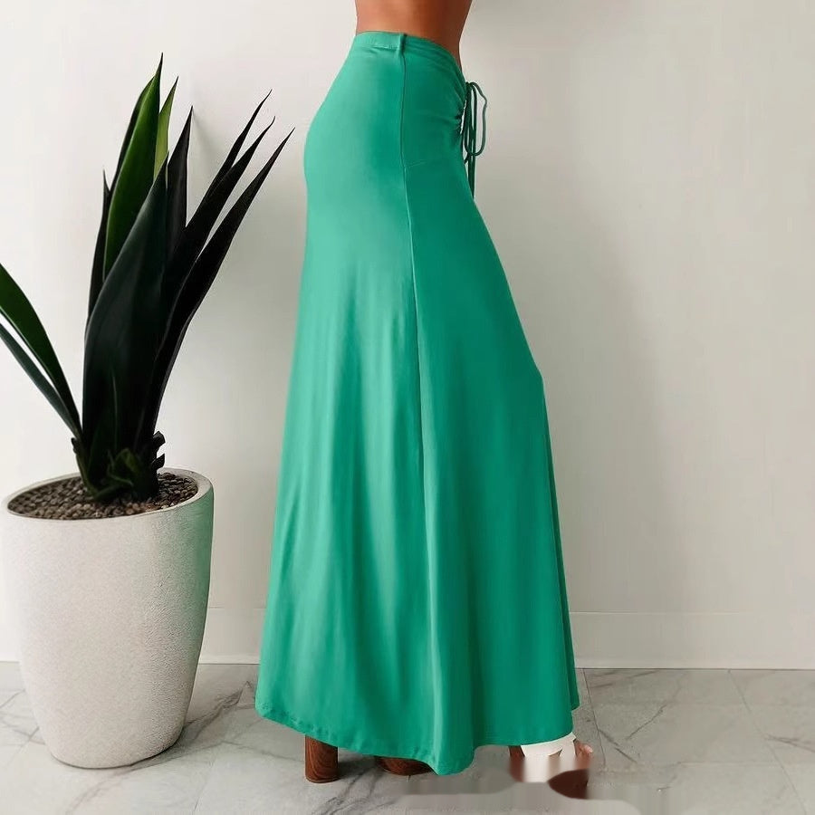 European And American Drawstring Stitching Su Pleated Solid Color Women’s Skirt