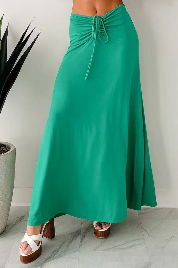 European And American Drawstring Stitching Su Pleated Solid Color Women’s Skirt - Green / S