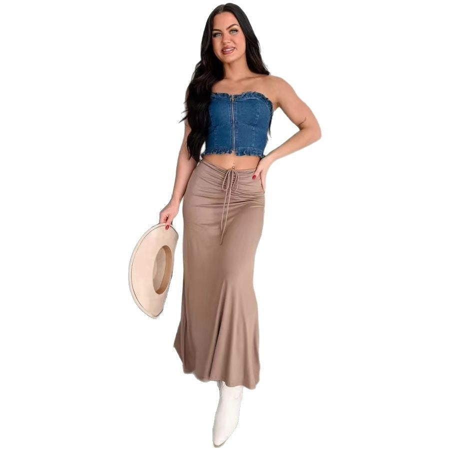 European And American Drawstring Stitching Su Pleated Solid Color Women’s Skirt