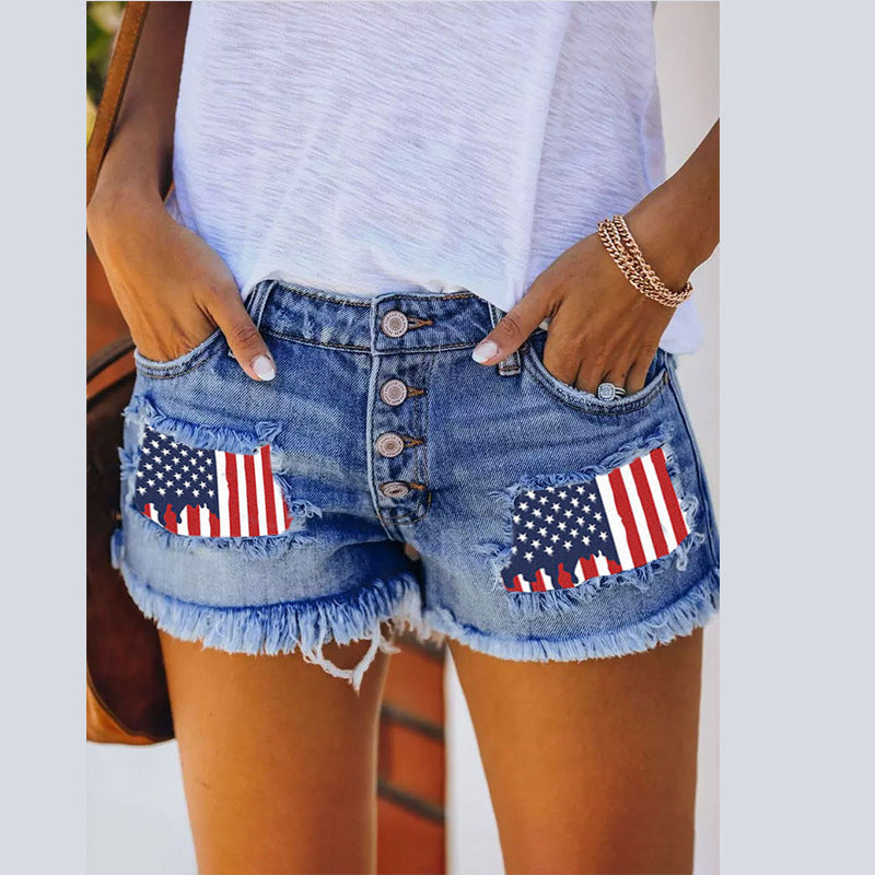European And American Leisure Ripped Print Patch Tassel Denim Straight Shorts Female - Flag Patch / S