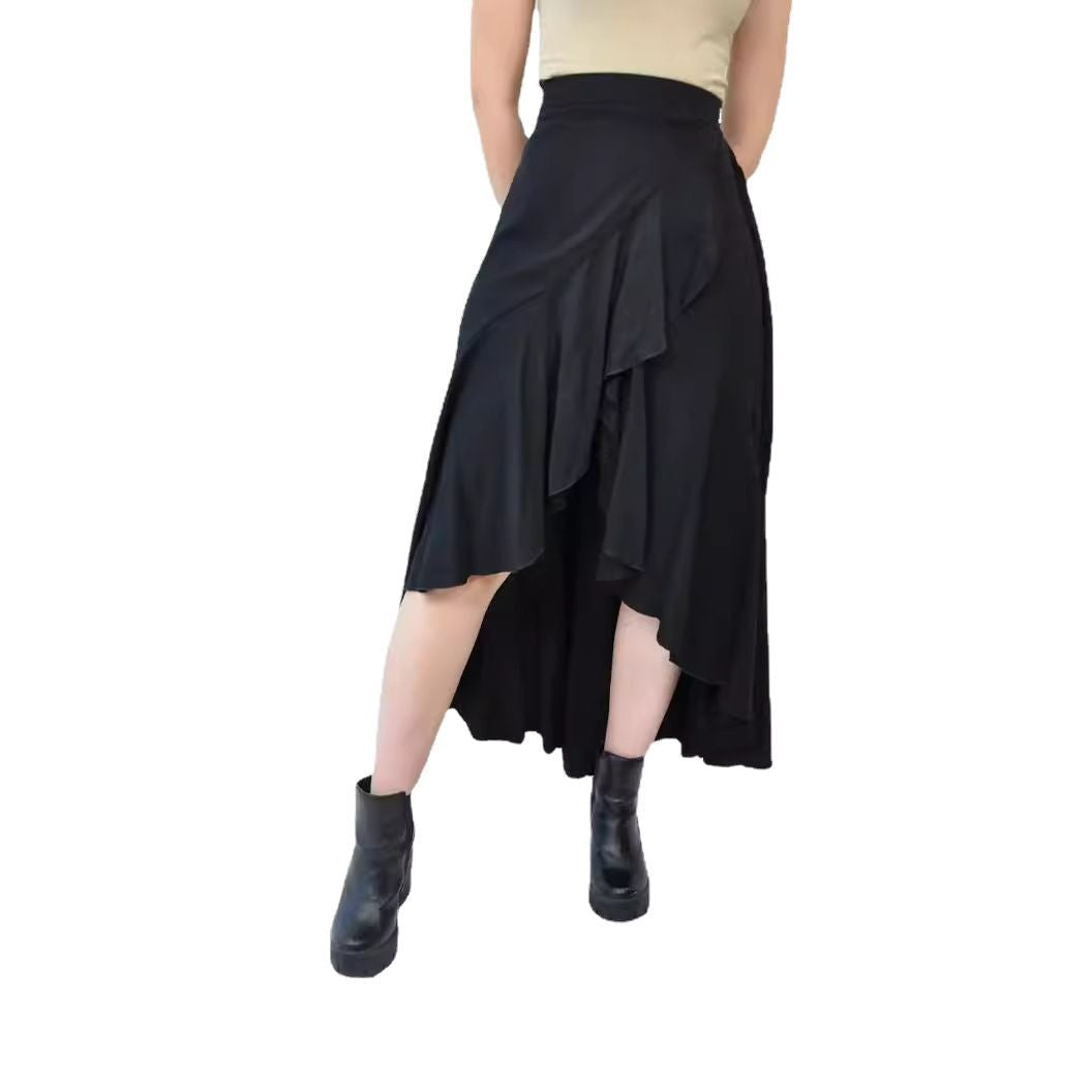 European And American Solid Color Stitching Drape Dovetail Rubber Band High Waist Fashion Leisure Women’s Skirt - Black