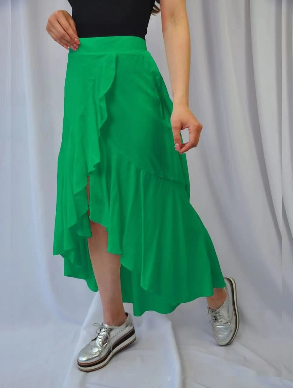 European And American Solid Color Stitching Drape Dovetail Rubber Band High Waist Fashion Leisure Women’s Skirt - Green