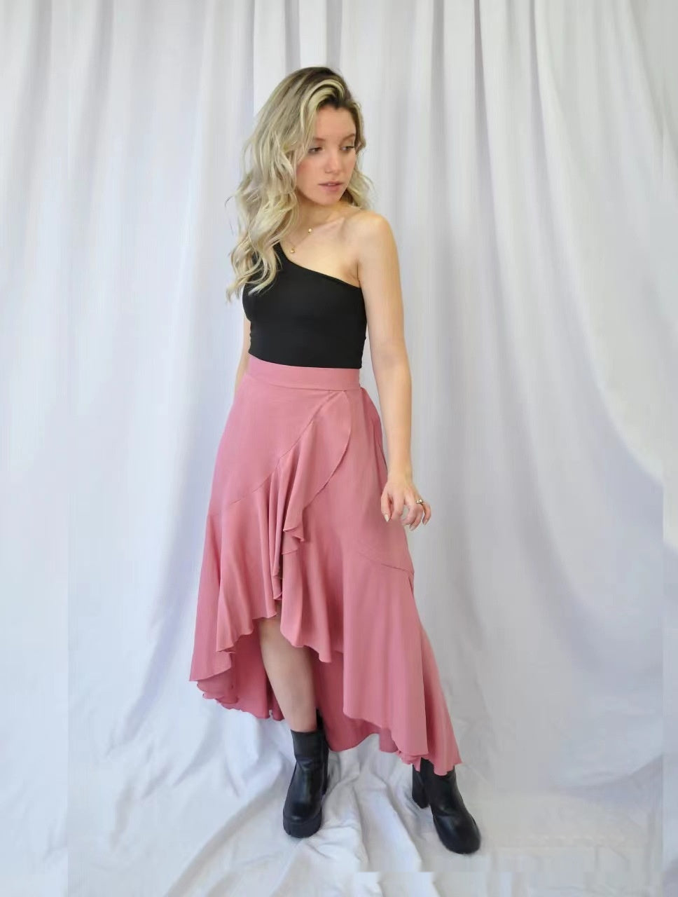 European And American Solid Color Stitching Drape Dovetail Rubber Band High Waist Fashion Leisure Women’s Skirt - Pink
