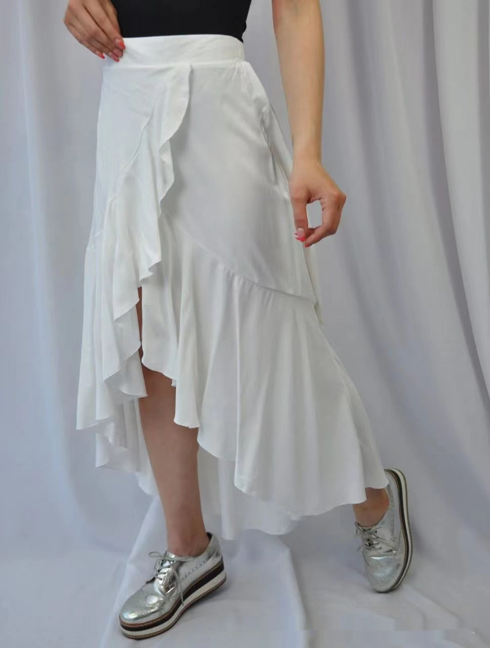 European And American Solid Color Stitching Drape Dovetail Rubber Band High Waist Fashion Leisure Women’s Skirt - White