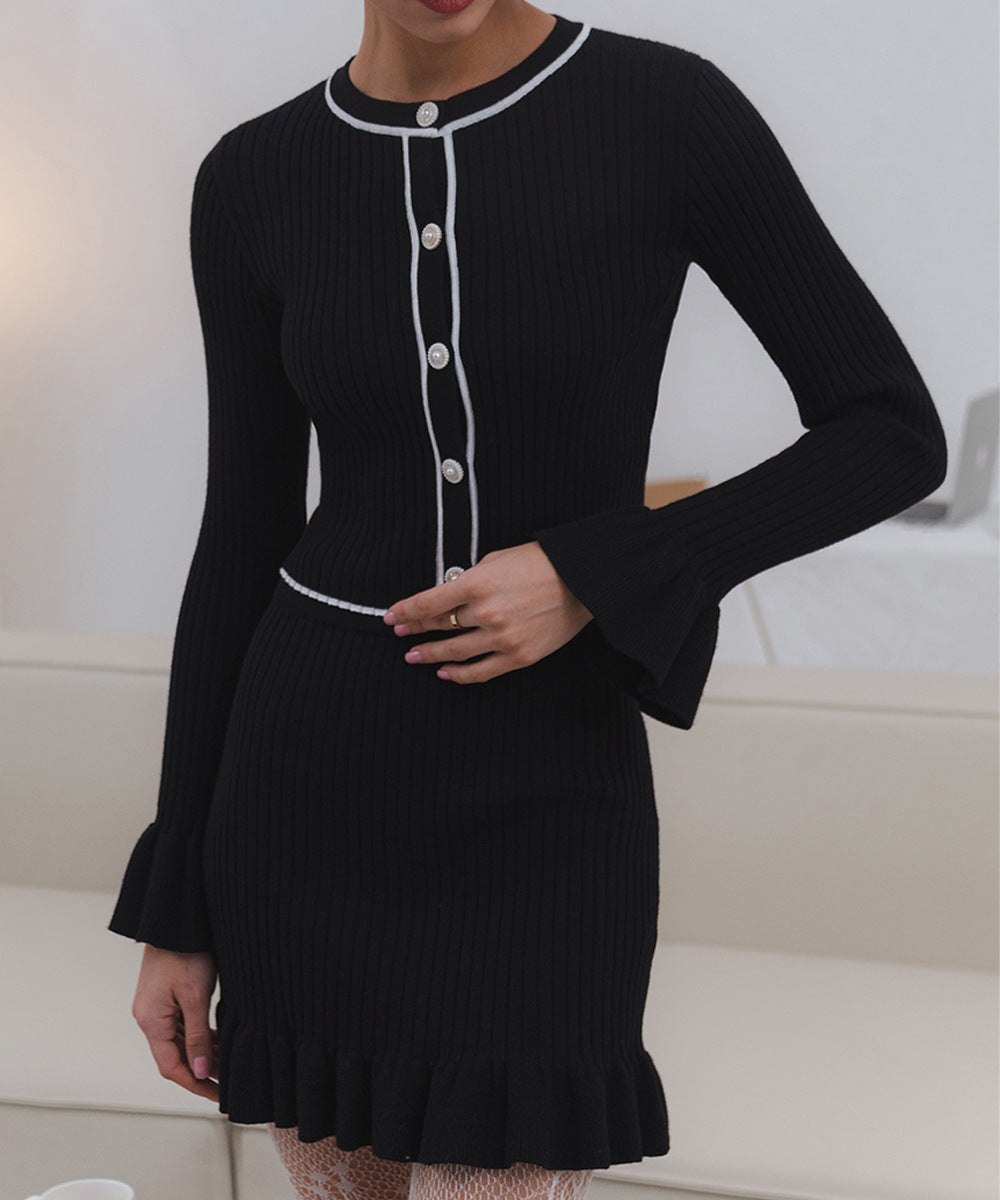 Ruffled Pearl Buckle Suit Knitted Mini Dress Two-piece Set For Women - Black / S